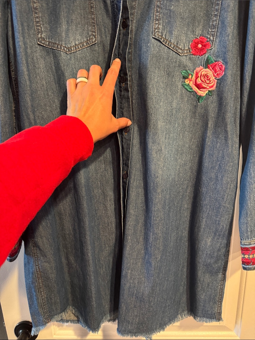 Stetson Denim Duster with Red Floral Embroidery and Multicolor Trim - Picture 8 of 8